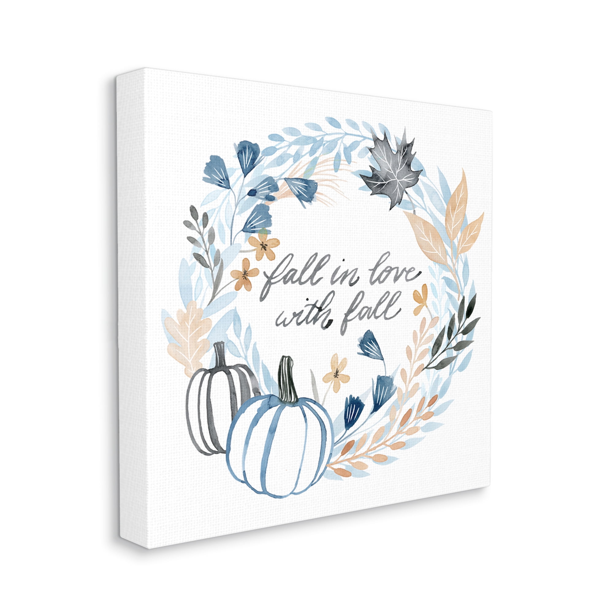 In Love with Fall Blue Autumn Foliage Wreath Inspirational Gallery-Wrapped Canvas Print Wall Art, 17x17