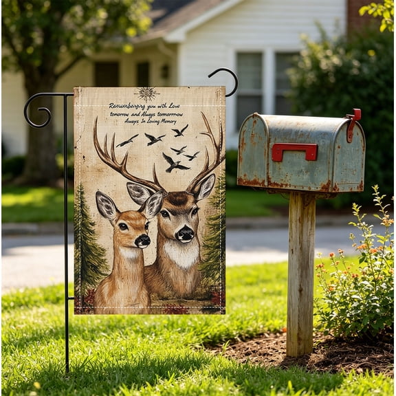 In Loving Memory Deer Couple Memorial Double Sided 2D Garden Flag, 12x18 Inch, Outdoor Garden Sympathy Gift Decor, No Flagpole
