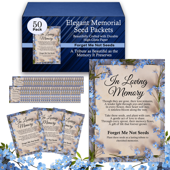 "In Loving Memory" Forget Me Not Seed Packet Favors, 50 Count (with memorial poem)