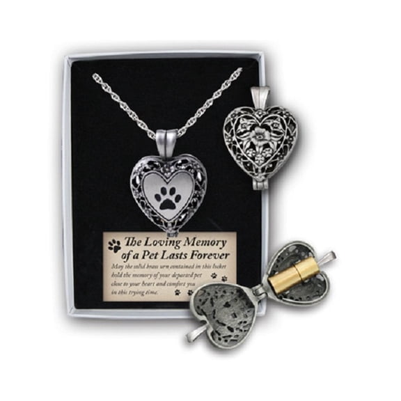 In Loving Memory Paw Print Heart Locket Necklace with Ash Holder, 24" Chain, Gift Boxed