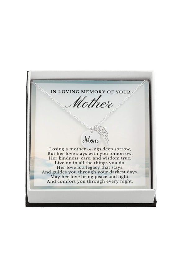 In Loving Memory of Your Mother, Remembrance Poem, Mom Memorial Angel Wing Necklace Gift
