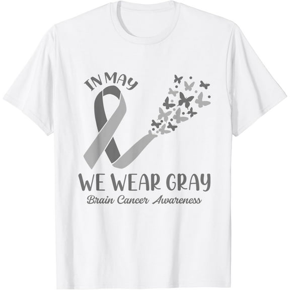In May We Wear Gray Brain Cancer Awareness Ribbon Butterfly T-Shirt mens t shirt，white，women，funny，misfits，men，journey
