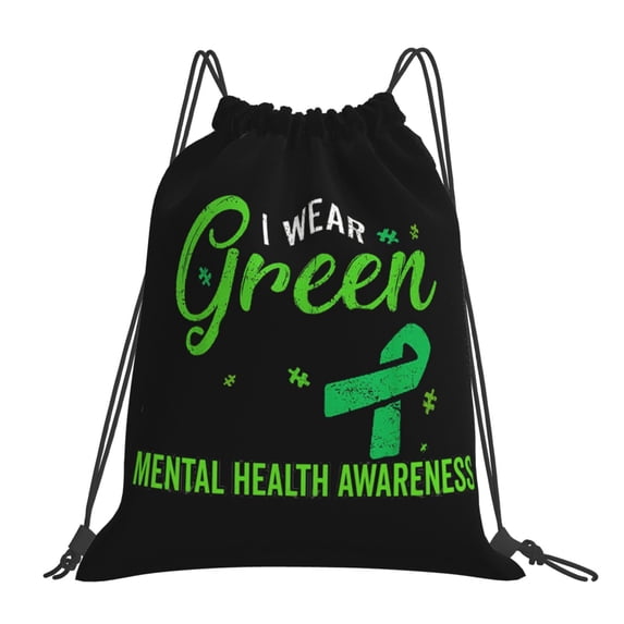 In May We Wear Green Mental Health Awareness Month Drawstring Backpack Sackpack String Bag Cinch Waterproof Bags for Gym Sports Yoga Travel Beach Swimming shopping