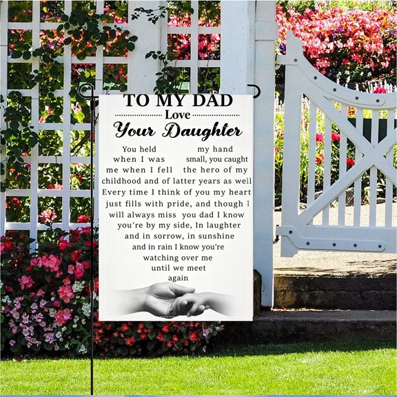 In Memory Of Dad Hand Print Double Sided Garden Flag, Polyester Yard Decor (12x18in) No Flagpole, Outdoor Holiday Gift