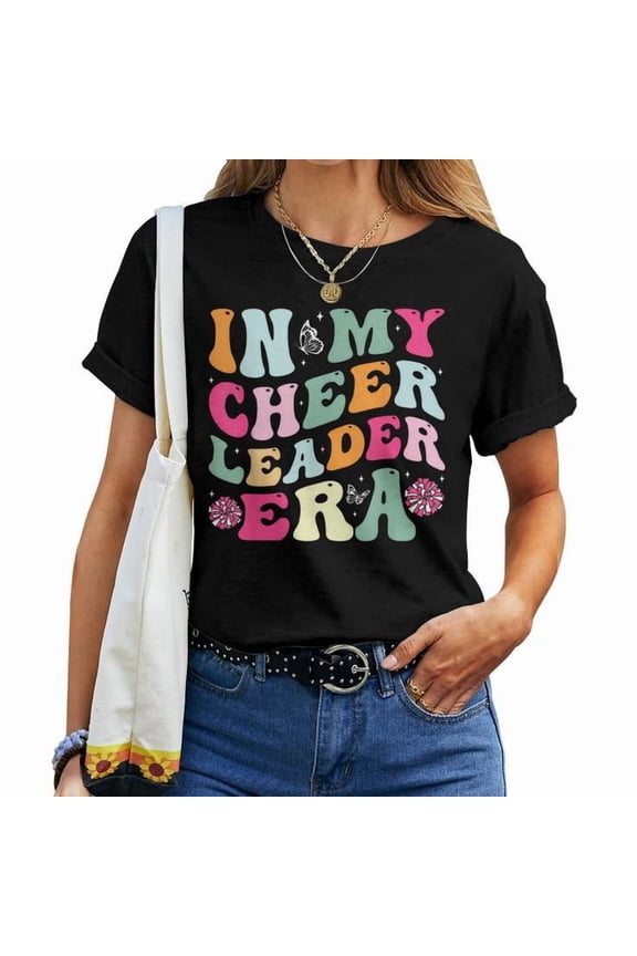 In My Cheerleader Era Cheer Coach Graphic Tee Women Adult Cotton Cheerleading Spirit Squad Gift for Girls and Women, Size M, Color Black