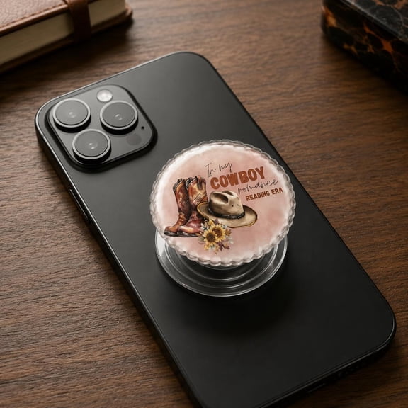In My Cowboy Romance Reading Era Phone Grip, Western Bookish Phone Stand, Cowboy Boots and Hat e-reader Accessory, Wild West Reader Gift