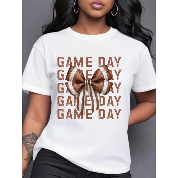 ‌ In My Football Mom Era Graphic Tee - Soft Cotton Plus Size Top with Bow & Football Design, Breathable Game Day Shirt for Touchdown Season