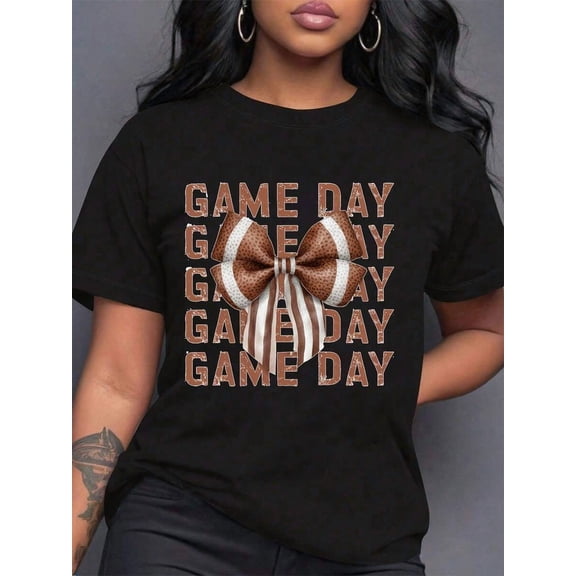 ‌ In My Football Mom Era Graphic Tee - Soft Cotton Plus Size Top with Bow & Football Design, Breathable Game Day Shirt for Touchdown Season