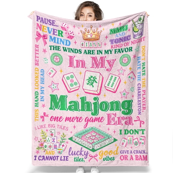 In My Mahjong Era Flannel Blanket, Colorful Retro Mahjong Quote Blanket for Sofa Bed, Funny Novelty Gift for Mahjong Lovers