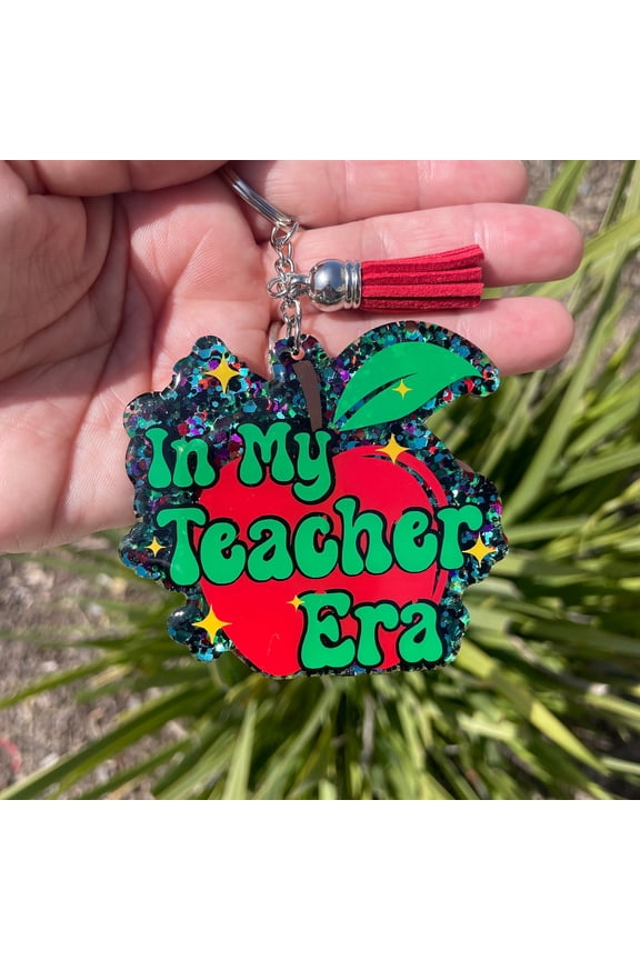 In My Teacher Era Apple Keychain, Handmade Acrylic Keychain with Tassel (1 keychain)