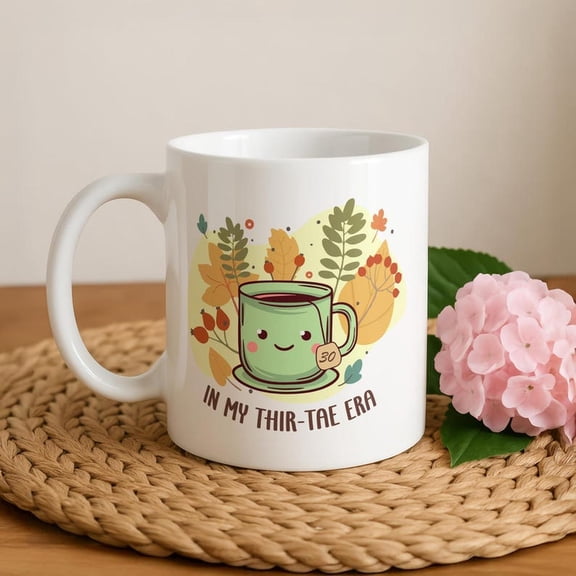 In My Thirt-Tea Era Mug, Funny 30th Birthday Gift, Tea Lover Cup, Cute Fall Aesthetic Gift For WoM1en, Autumn Leaves Design Cups