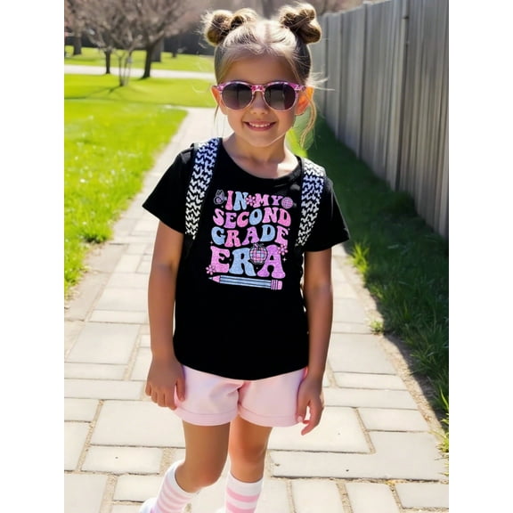 In My X Grade Era Letter Print Summer Graphic T-shirts for Outdoor Sports and Daily Wearing, Young Girls T-Shirts, Size from 3-13Y