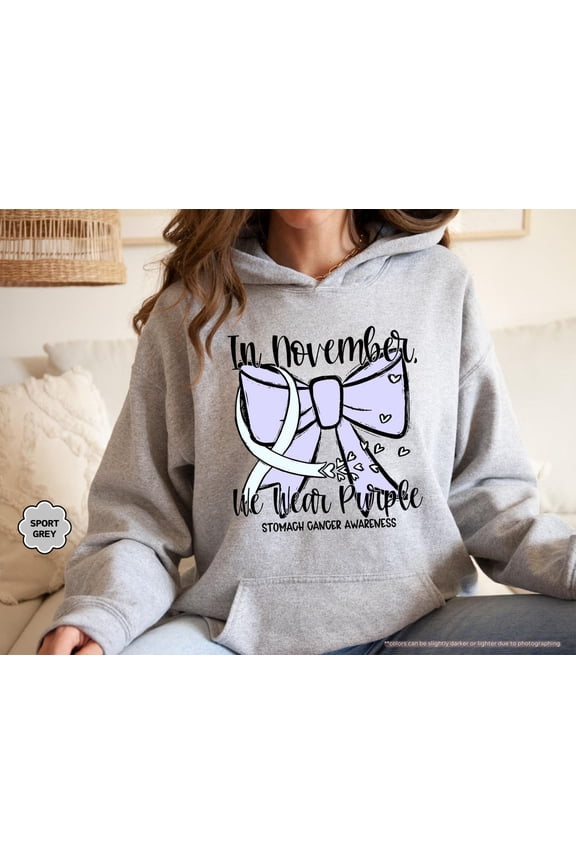 In November We Wear Periwinkle Hoodie, Stomach Cancer Awareness Hoodie, Coquette Bow Periwinkle, Stomach Cancer Hoodie, Cancer Support