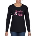 thumbnail image 1 of In October We Wear Pink Awareness Womens Graphic Long Sleeve T-Shirt, Black, Small, 1 of 3