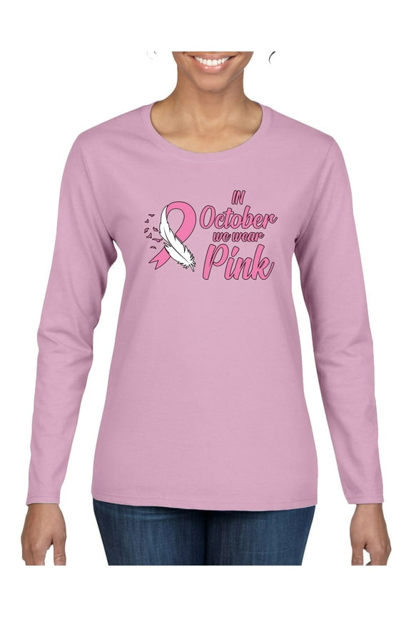 In October We Wear Pink Awareness Womens Graphic Long Sleeve T-Shirt, Light Pink, Large