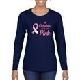 thumbnail image 1 of In October We Wear Pink Awareness Womens Graphic Long Sleeve T-Shirt, Navy, 2XL, 1 of 3