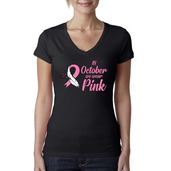 In October We Wear Pink Awareness Womens V-Neck Tee, Black, Large