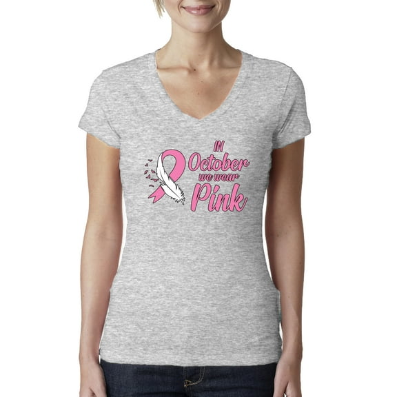 In October We Wear Pink Awareness Womens V-Neck Tee, Heather Grey, Large