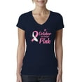 thumbnail image 1 of In October We Wear Pink Awareness Womens V-Neck Tee, Navy, Medium, 1 of 3