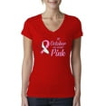 thumbnail image 1 of In October We Wear Pink Awareness Womens V-Neck Tee, Red, Small, 1 of 3