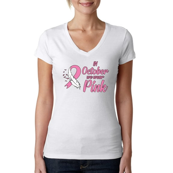In October We Wear Pink Awareness Womens V-Neck Tee, White, Large