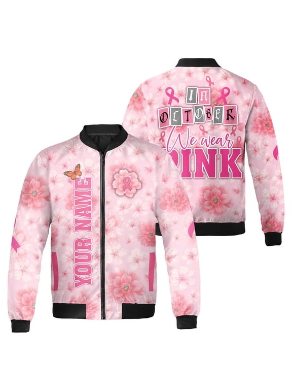 In October We Wear Pink Bomber Jacket – Breast Cancer Awareness Floral Outerwear – Personalized Name October Pink Ribbon Jacket for Men & Women