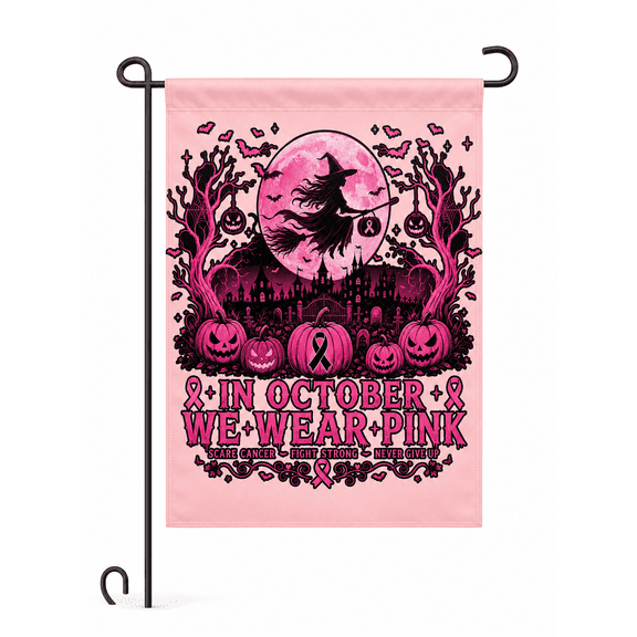 In October We Wear Pink Breast Cancer Awareness Halloween Garden Flag, 12 x 18 Inch Double-Sided Witch Polyester Yard Flag