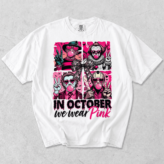 In October We Wear Pink Breast Cancer Awareness Halloween Horror Squad T-Shirt