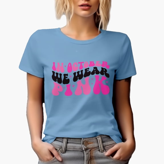 In October, We Wear Pink, Breast Cancer Awareness Quote, Groovy Retro Wavy Text Merch Gift, Baby Blue T-Shirt, 2XL
