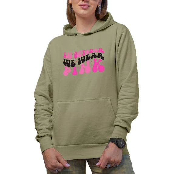 In October, We Wear Pink, Breast Cancer Awareness Quote, Groovy Retro Wavy Text Merch Gift, Sand Hooded Sweatshirt or Hoodie, 3XL