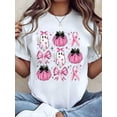 thumbnail image 1 of In October We Wear Pink Breast Cancer Awareness T-Shirt for Women, Pink Ghost Pumpkin Bow Fall Halloween Graphic Soft Cotton Relaxed Fit Casual Tee, 1 of 7