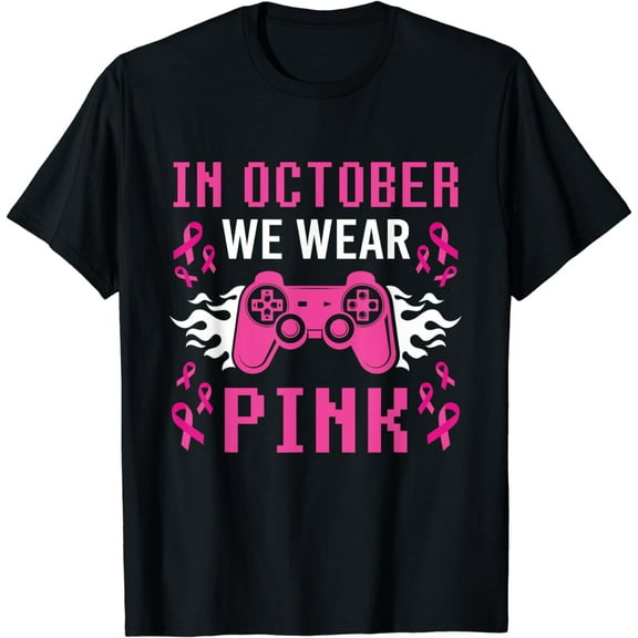 In October We Wear Pink Breast Cancer Gaming Kids Boys Youth T-Shirt