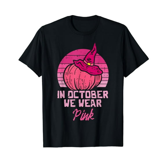 October We Wear Pink Pumpkin Witch Halloween Breast Cancer T-Shirt