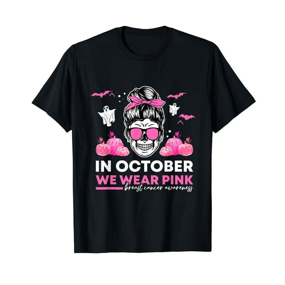 In October We Wear Pink Breast Cancer Mens Halloween Skull T-Shirt