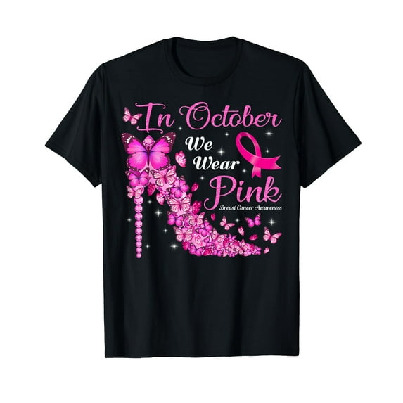 In October We Wear Pink Butterflies Breast Cancer Awareness T-Shirt
