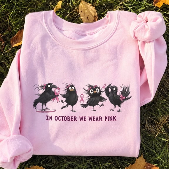 In October We Wear Pink Crow Breast Cancer Awareness Graphic Crewneck Sweatshirt, Unisex Fit