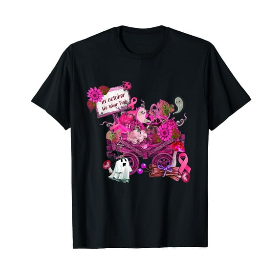 In October We Wear Pink Cute Ghosts & Pumpkins Breast Cancer T-Shirt