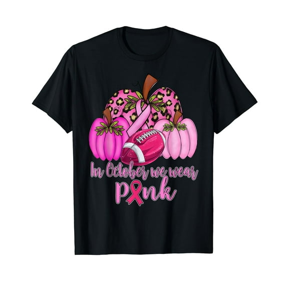 In October We Wear Pink Football Pumpkin Breast Cancer T-Shirt