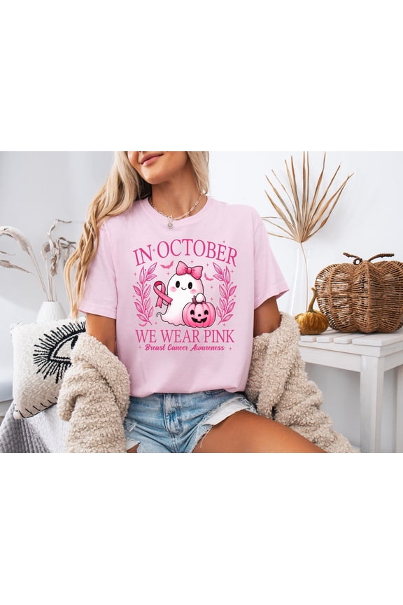 In October We Wear Pink Ghost Shirt, Breast Cancer Awareness Tee, Halloween Ghost Tshirt