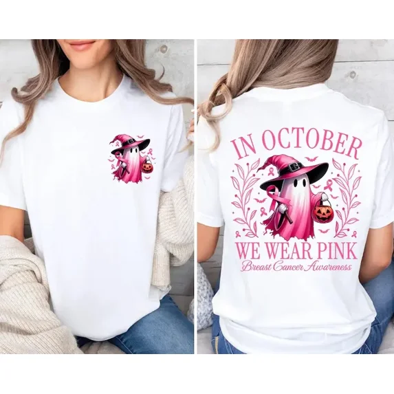 In October We Wear Pink Ghost Shirt, Halloween in October We Wear Pink, Breast Cancer Awareness Shirt, Pink Ribbon Shirt, Wear Pink Pumpkin