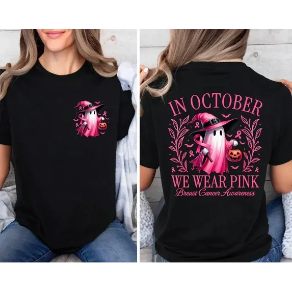 In October We Wear Pink Ghost Shirt, Halloween in October We Wear Pink, Breast Cancer Awareness Shirt, Pink Ribbon Shirt, Wear Pink Pumpkin