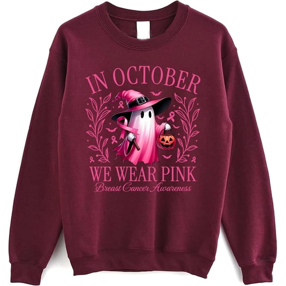 In October We Wear Pink Ghost Sweatshirt - Breast Cancer Awareness Halloween Crewneck, Cute Support Squad Pullover