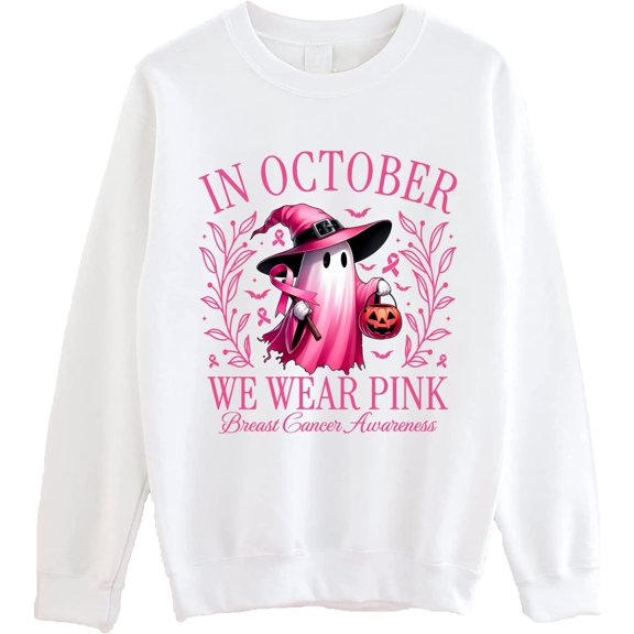 In October We Wear Pink Ghost Sweatshirt - Breast Cancer Awareness Halloween Crewneck, Cute Support Squad Pullover