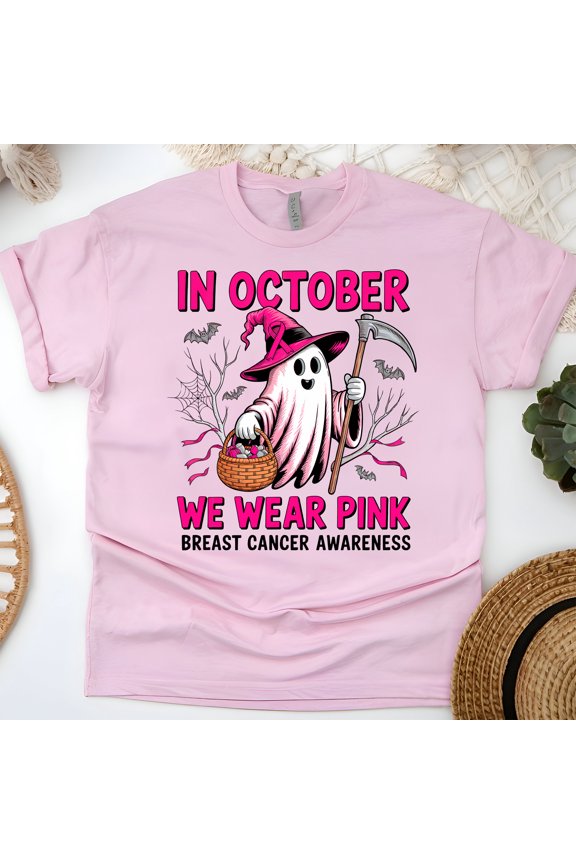 In October We Wear Pink Ghost T-Shirt | Breast Cancer Awareness Graphic Tee, Light Pink, Size S