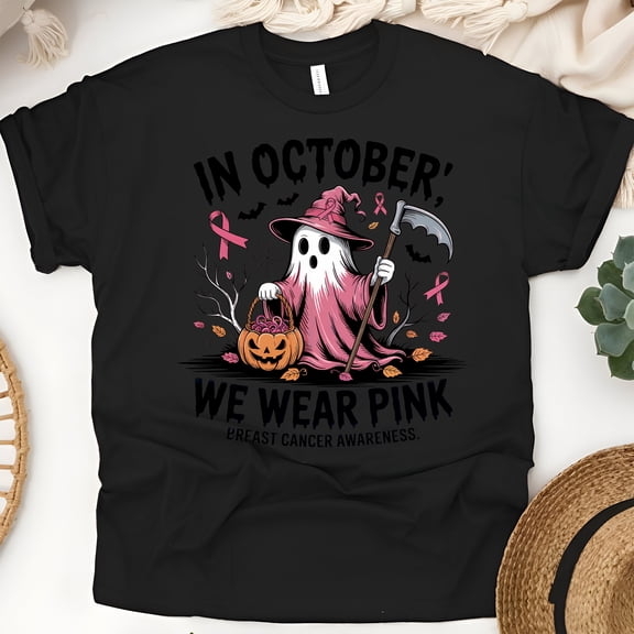 In October We Wear Pink Ghost T-Shirt | Breast Cancer Awareness Halloween Tee, Black, Size S