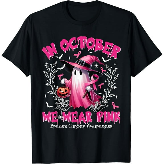 In October We Wear Pink Ghost Witch Breast Cancer Awareness T-Shirt