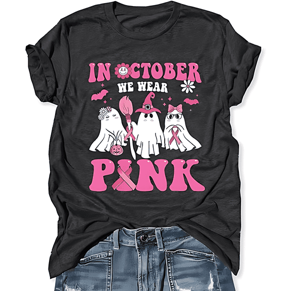 In October We Wear Pink Ghost Witch Breast Cancer Awareness T-Shirt