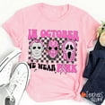 thumbnail image 1 of In October We Wear Pink Halloween Breast Cancer Teacher T-Shirt, Cute Awareness Ghost Tee for Educators, Spooky Support Shirt for Women, 1 of 5