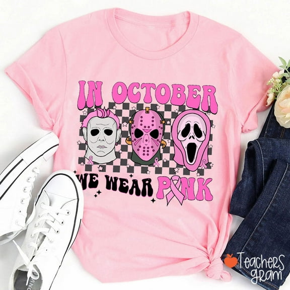 In October We Wear Pink Halloween Breast Cancer Teacher T-Shirt, Cute Awareness Ghost Tee for Educators, Spooky Support Shirt for Women