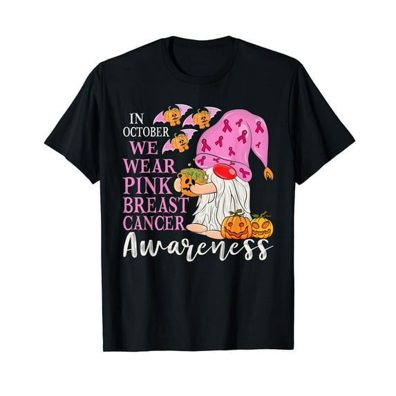 In October We Wear Pink Halloween Cute Pumpkins Mini Gnomes T-Shirt